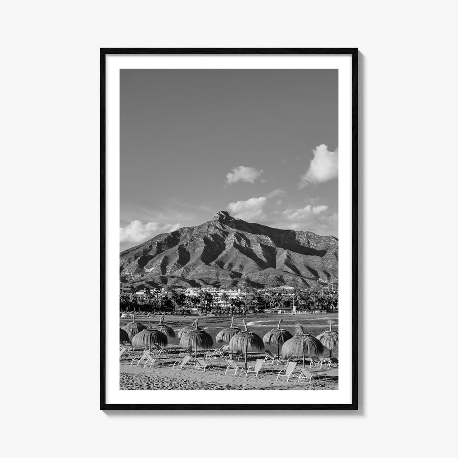 Marbella black & white photo poster of Spain – vertical wall art, unframed print shown in interior mockup