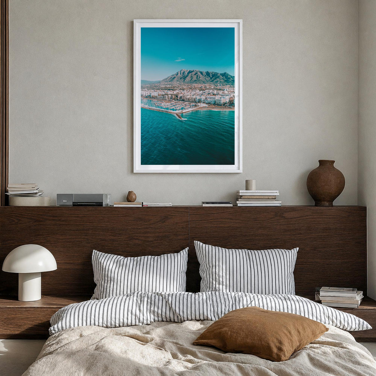 Marbella colorful photo poster of Spain – vertical wall art in white wood frame with white border, hanging on wall