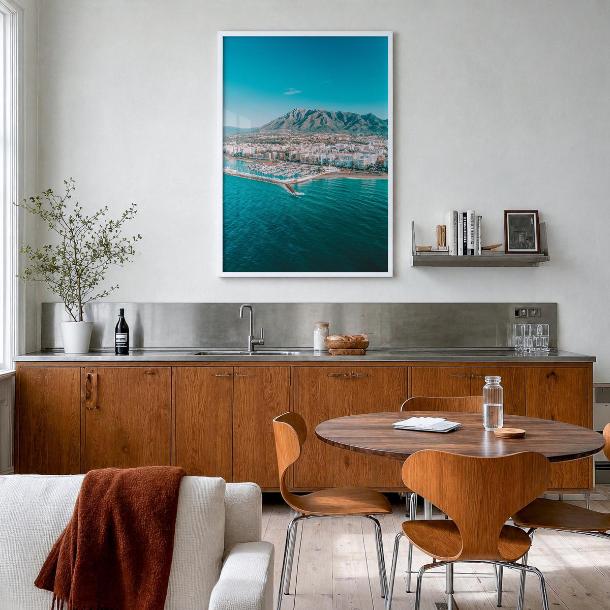 Marbella colorful photo poster of Spain – vertical wall art in white wood frame, hanging on wall