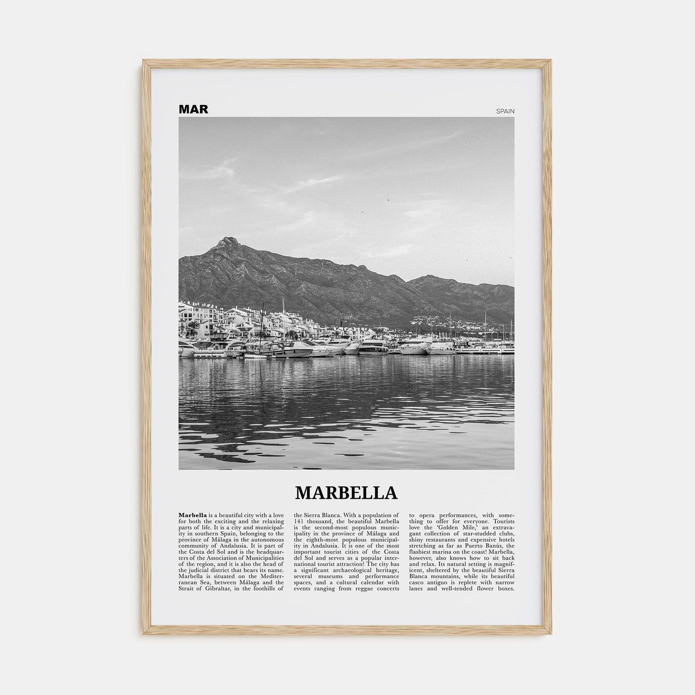 Marbella Poster Natural Wood / 8x12 in Nbourhood Travel B&W Poster