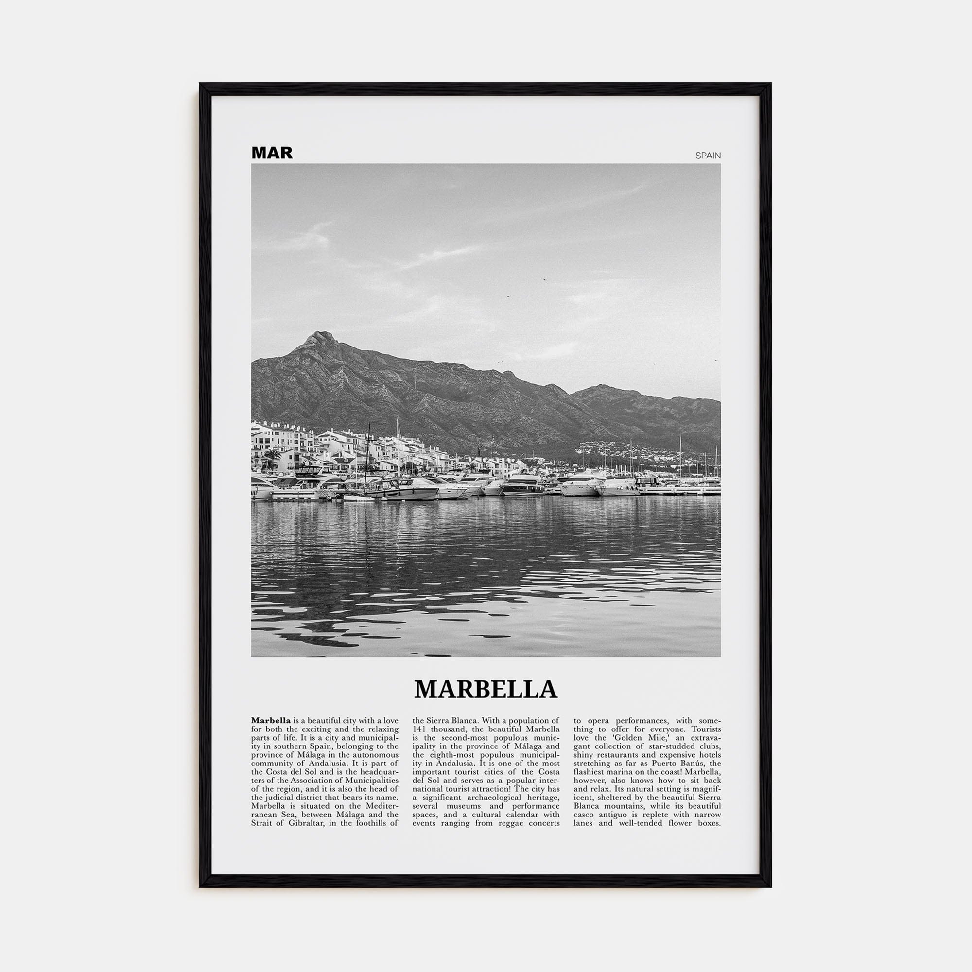 Marbella Poster Black Wood / 8x12 in Nbourhood Travel B&W Poster