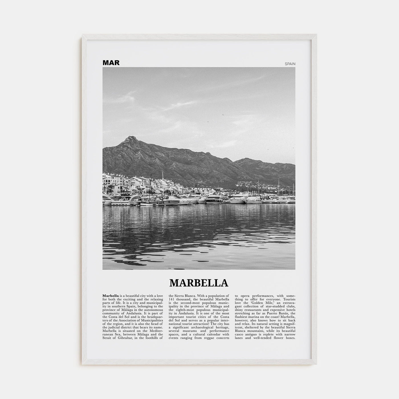 Marbella Poster White Wood / 8x12 in Nbourhood Travel B&W Poster