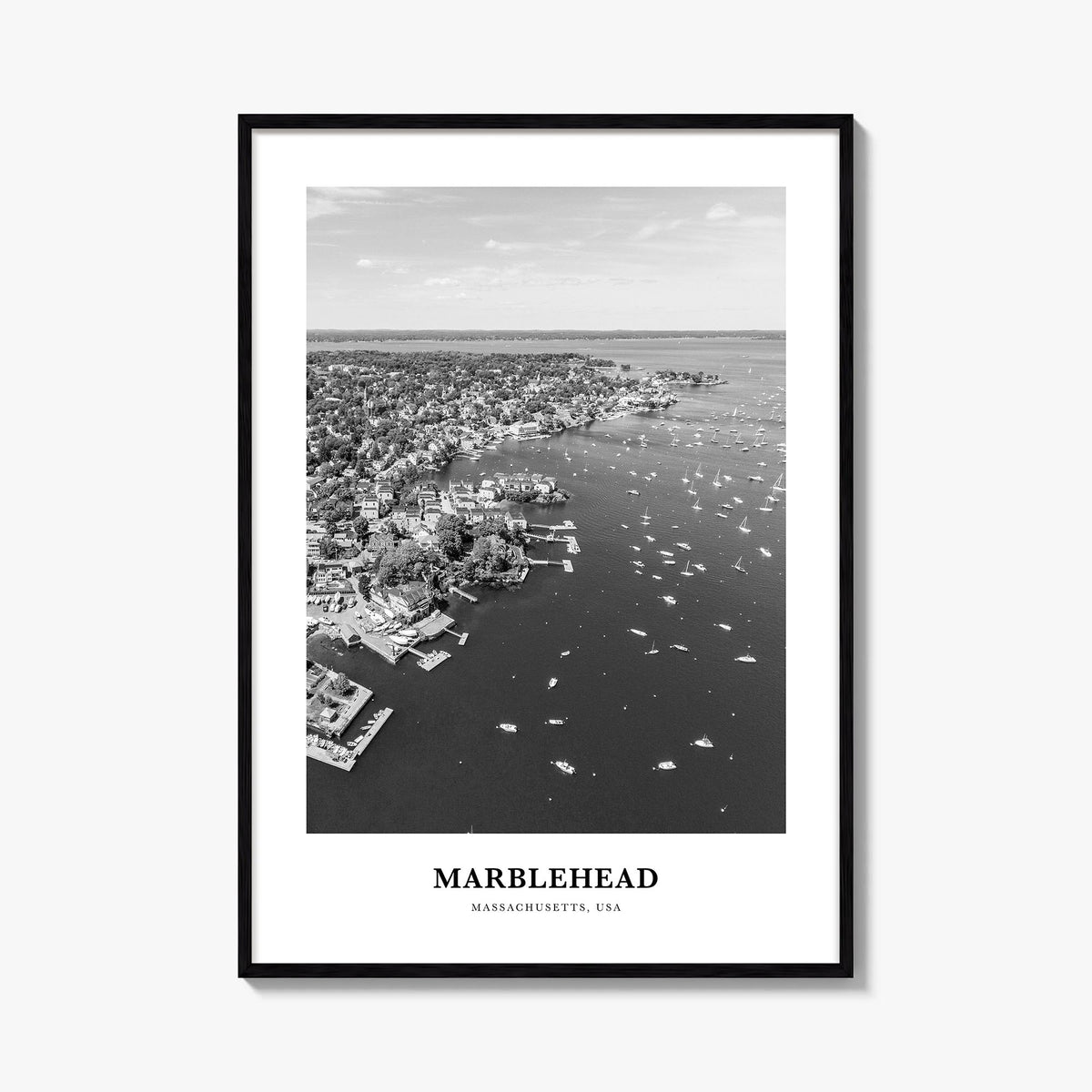 Marblehead black & white classic poster of Massachusetts, USA – vertical wall art, unframed print shown in interior mockup