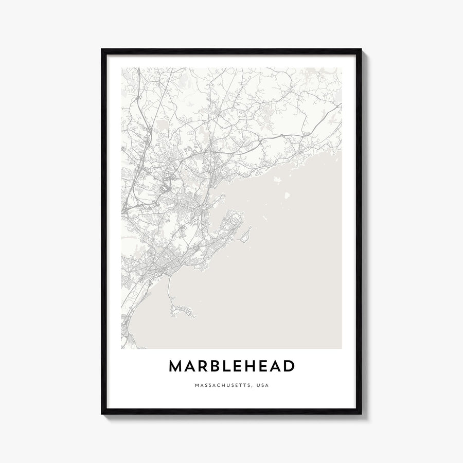 Marblehead black & white map poster of Massachusetts, USA – vertical wall art, unframed print shown in interior mockup