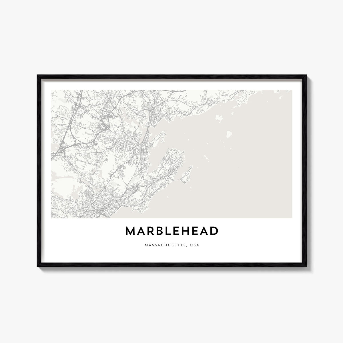 Marblehead black & white map poster of Massachusetts, USA – horizontal wall art, unframed print shown in interior mockup
