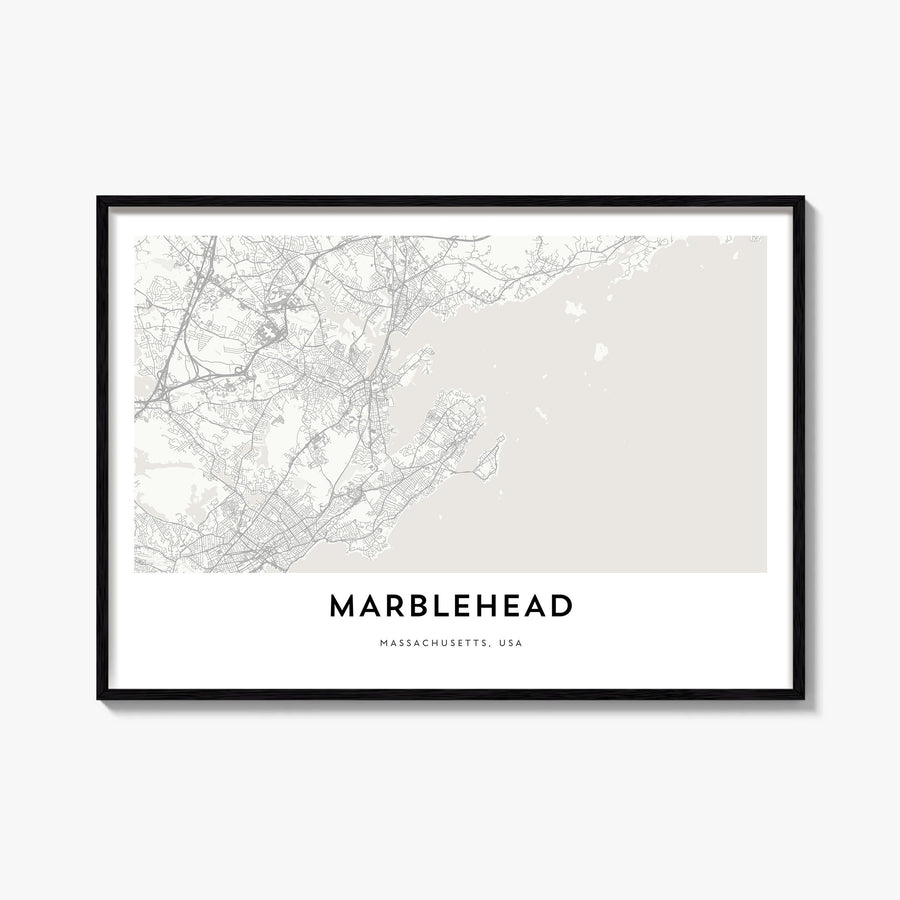 Marblehead black & white map poster of Massachusetts, USA – horizontal wall art, unframed print shown in interior mockup