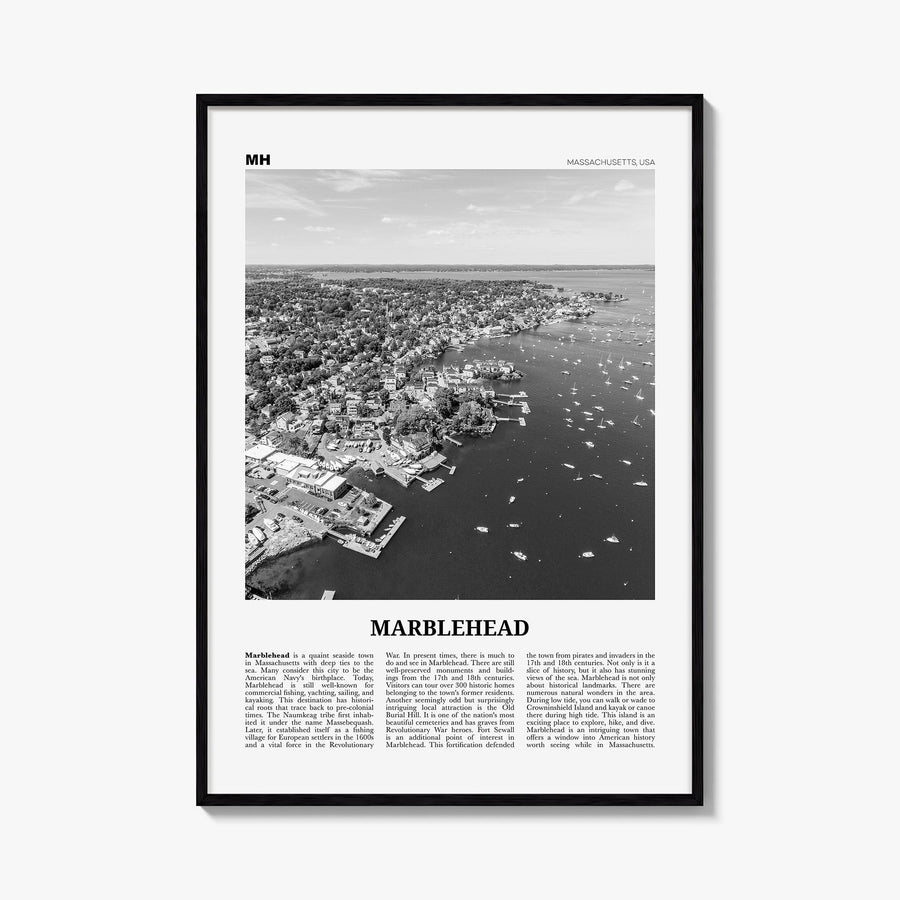 Marblehead black & white newspaper poster of Massachusetts, USA – vertical wall art, unframed print shown in interior mockup