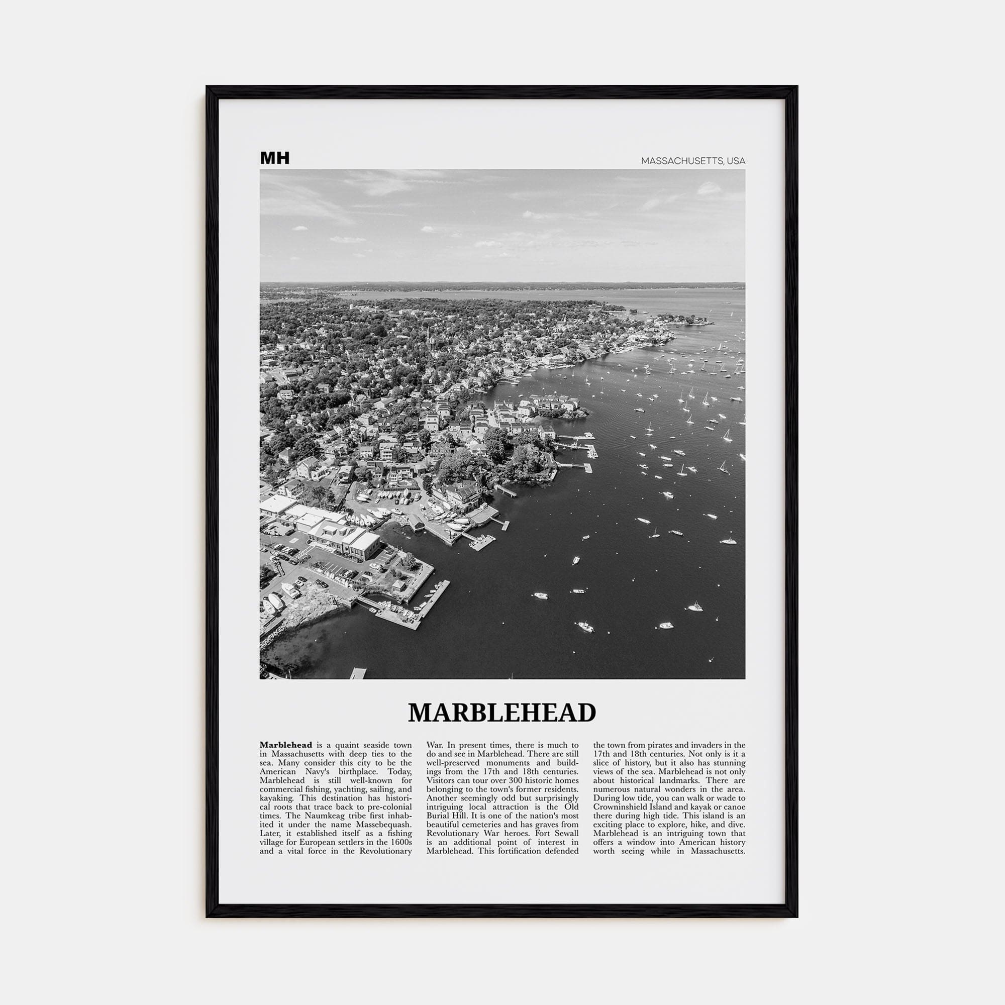 Marblehead Poster Black Wood / 8x12 in Nbourhood Travel B&W Poster