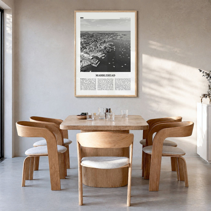Marblehead Newspaper Poster in a natural wood frame, hanging in a dining room