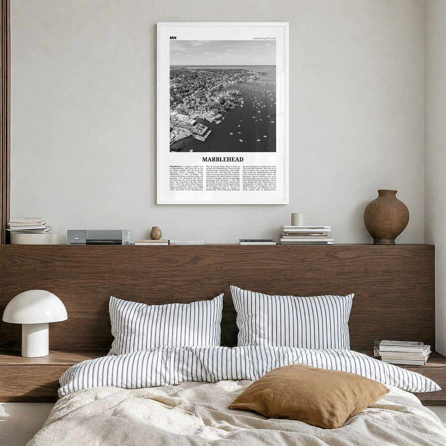 Marblehead Newspaper Poster in a white wood frame, hanging in a bedroom