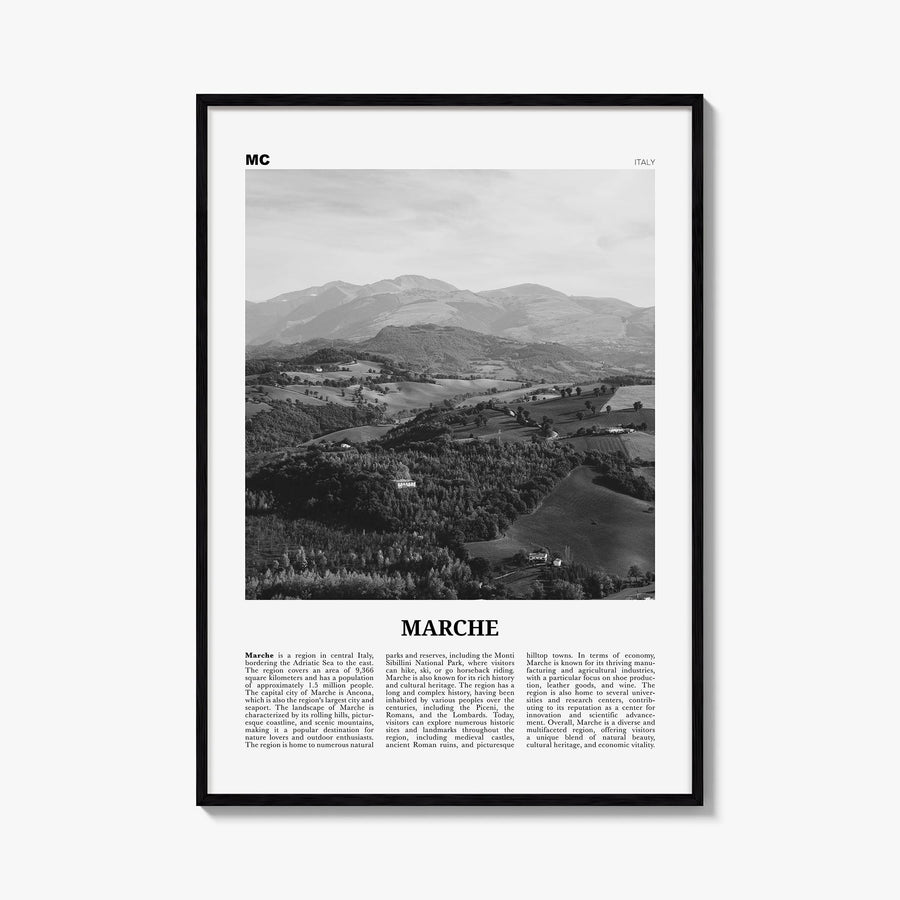 Marche black & white newspaper poster of Italy – vertical wall art, unframed print shown in interior mockup