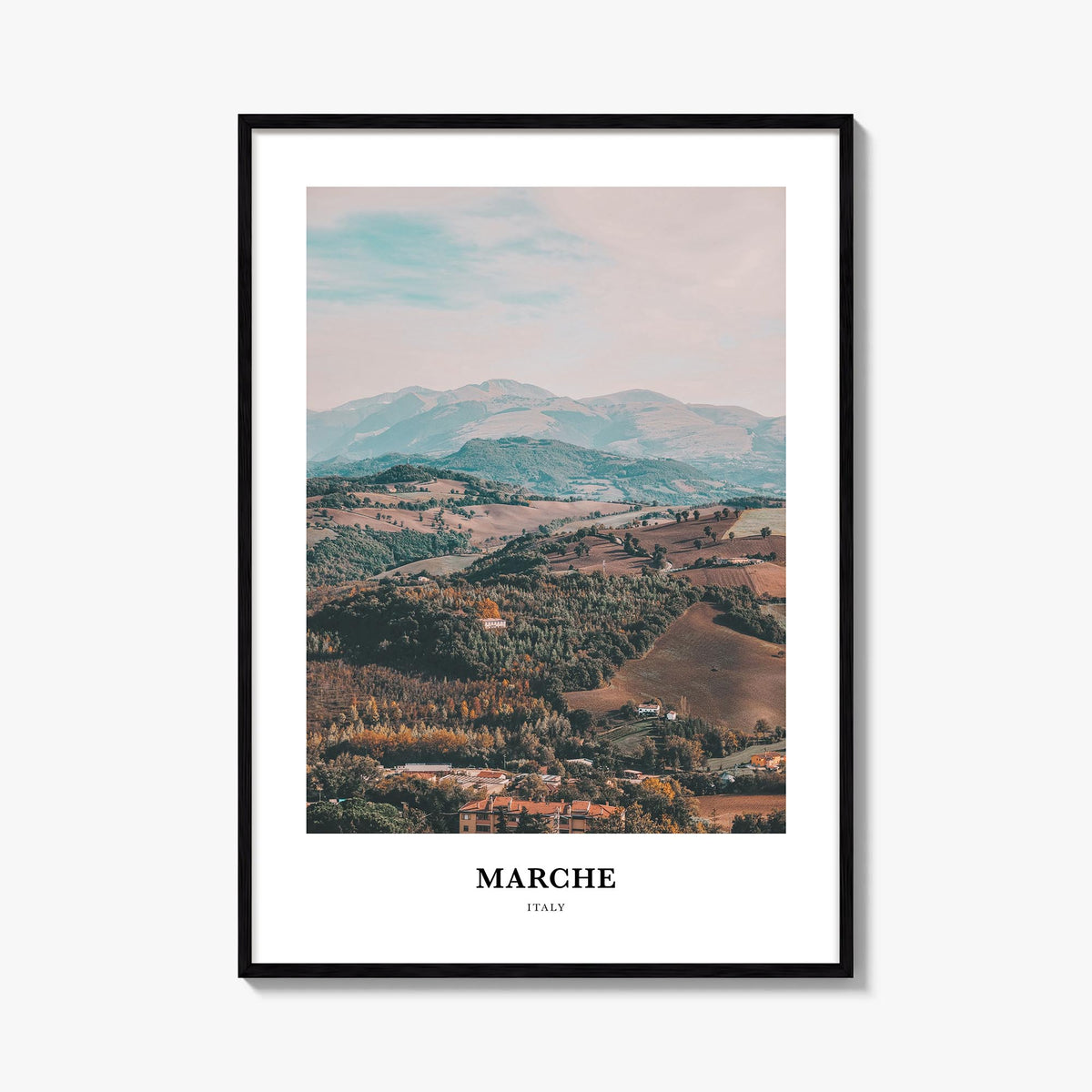 Marche colorful classic poster of Italy – vertical wall art, unframed print shown in interior mockup