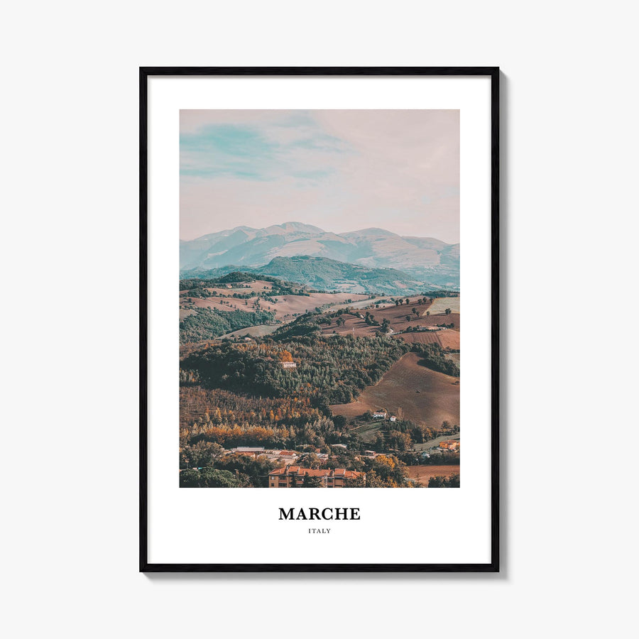 Marche colorful classic poster of Italy – vertical wall art, unframed print shown in interior mockup
