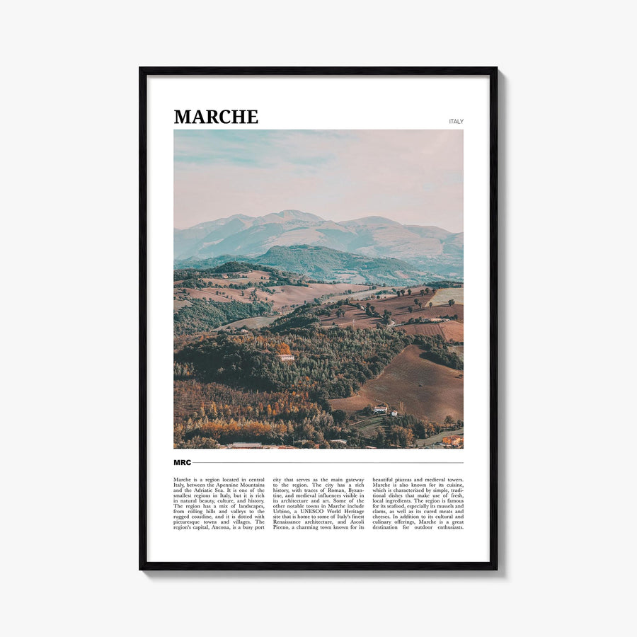 Marche colorful travel poster of Italy – vertical wall art, unframed print shown in interior mockup