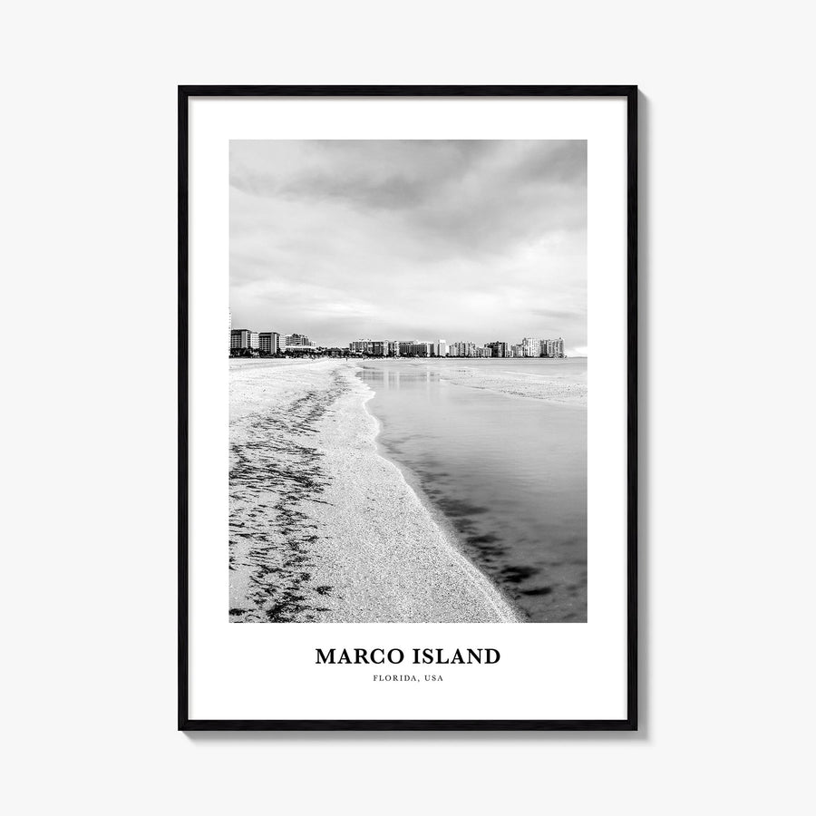Marco Island black & white classic poster of Florida, USA – vertical wall art, unframed print shown in interior mockup