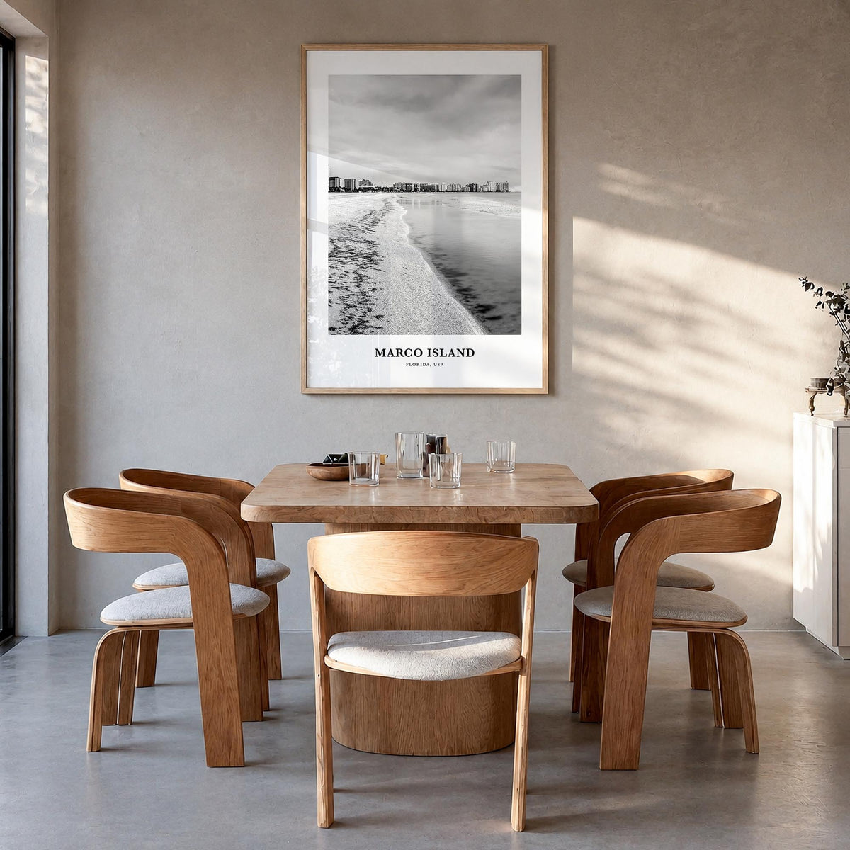 Marco Island black & white classic poster of Florida, USA – vertical wall art in natural wood frame, hanging on wall