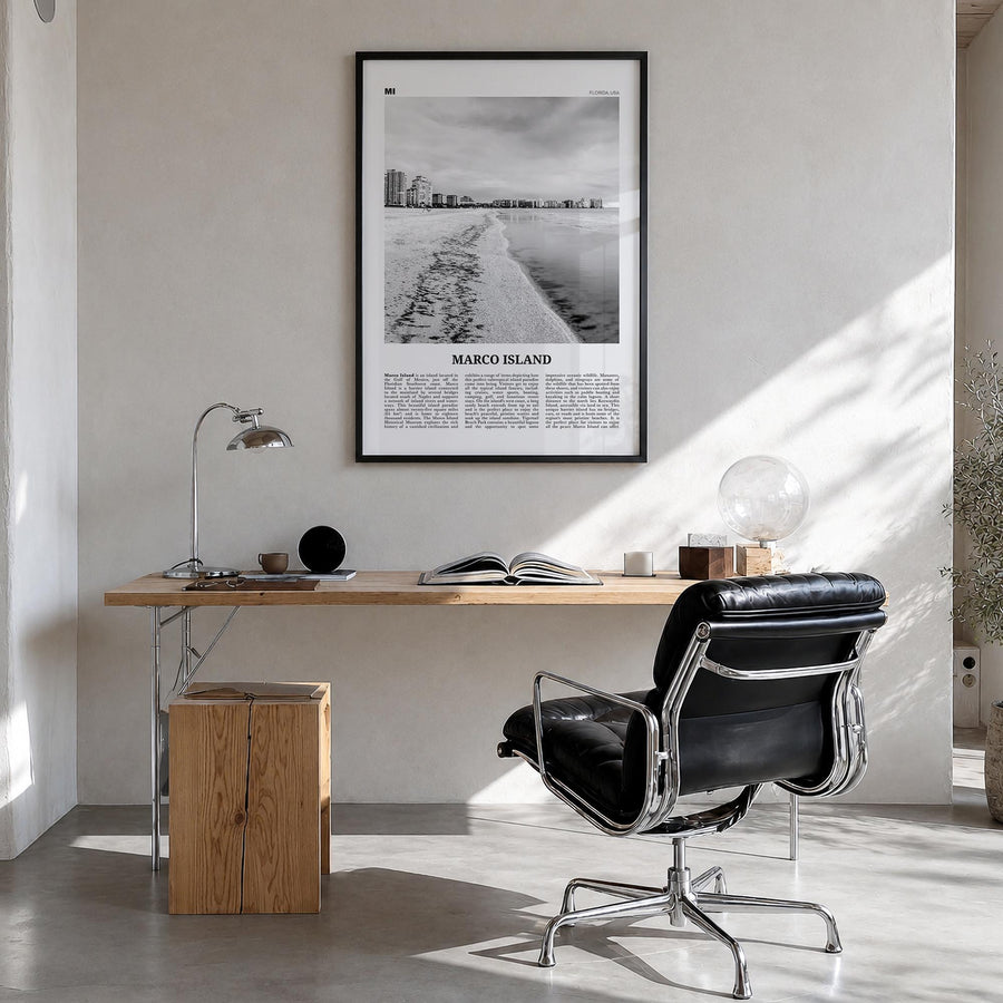 Marco Island black & white newspaper poster of Florida, USA – vertical wall art in black wood frame, hanging on wall