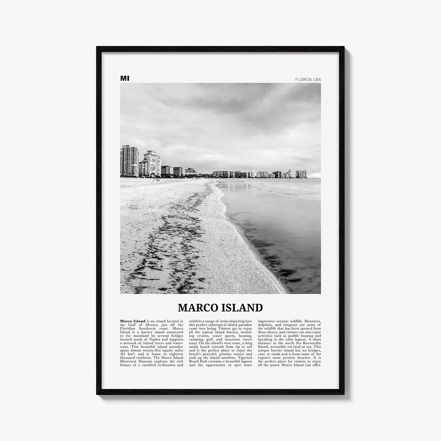Marco Island black & white newspaper poster of Florida, USA – vertical wall art, unframed print shown in interior mockup
