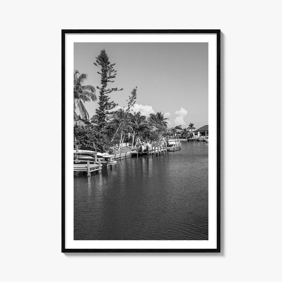 Marco Island black & white photo poster of Florida, USA – vertical wall art, unframed print shown in interior mockup
