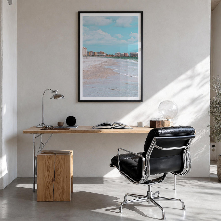 Marco Island colorful photo poster of Florida, USA – vertical wall art in black wood frame with white border, hanging on wall