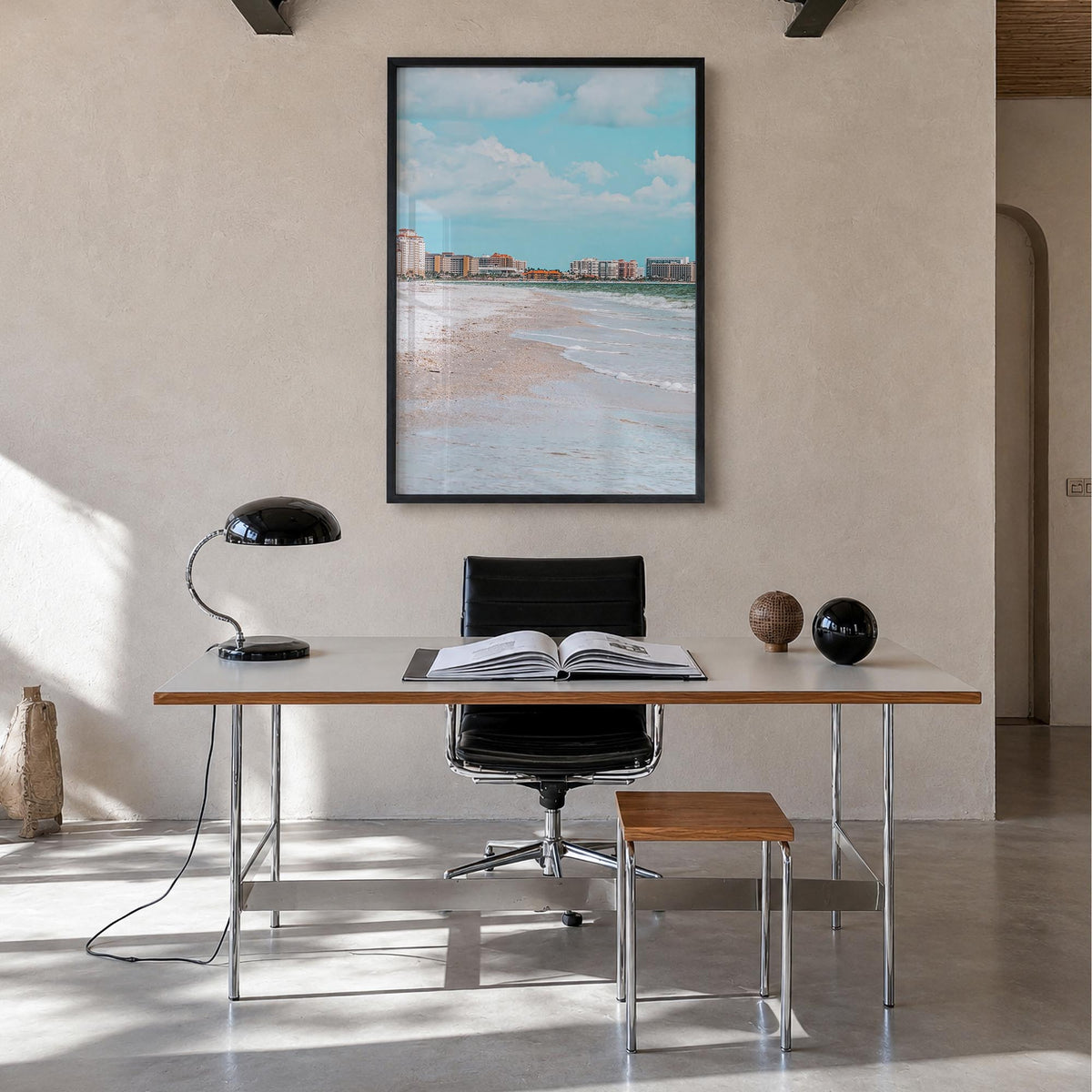 Marco Island colorful photo poster of Florida, USA – vertical wall art in black wood frame, hanging on wall