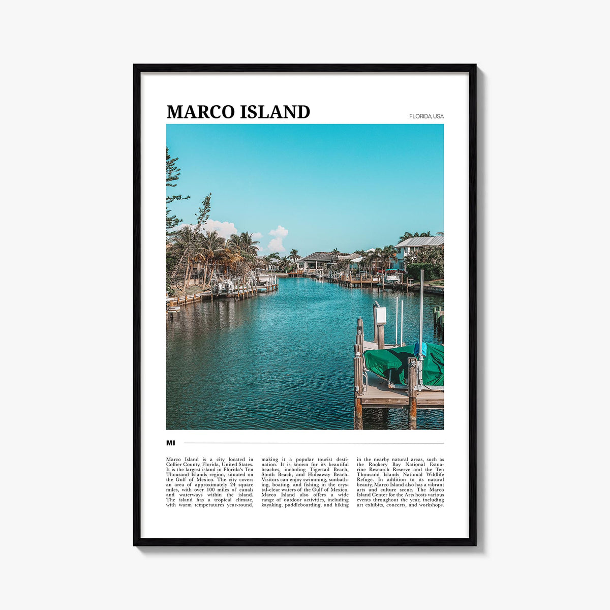 Marco Island colorful travel poster of Florida, USA – vertical wall art, unframed print shown in interior mockup