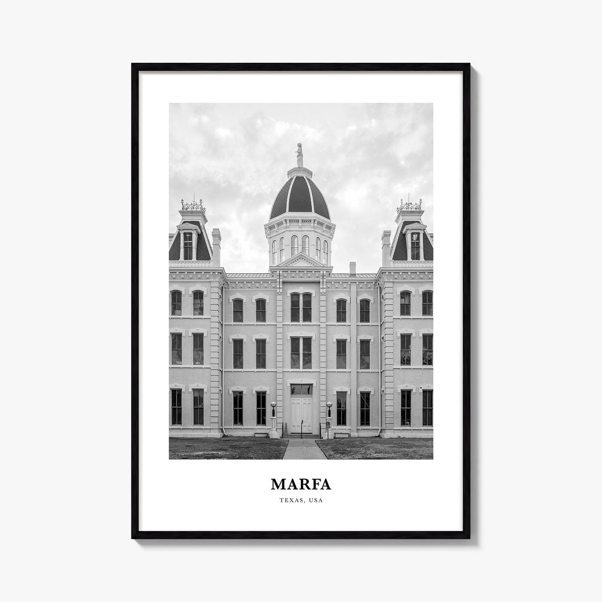 Marfa black & white classic poster of Texas, USA – vertical wall art, unframed print shown in interior mockup