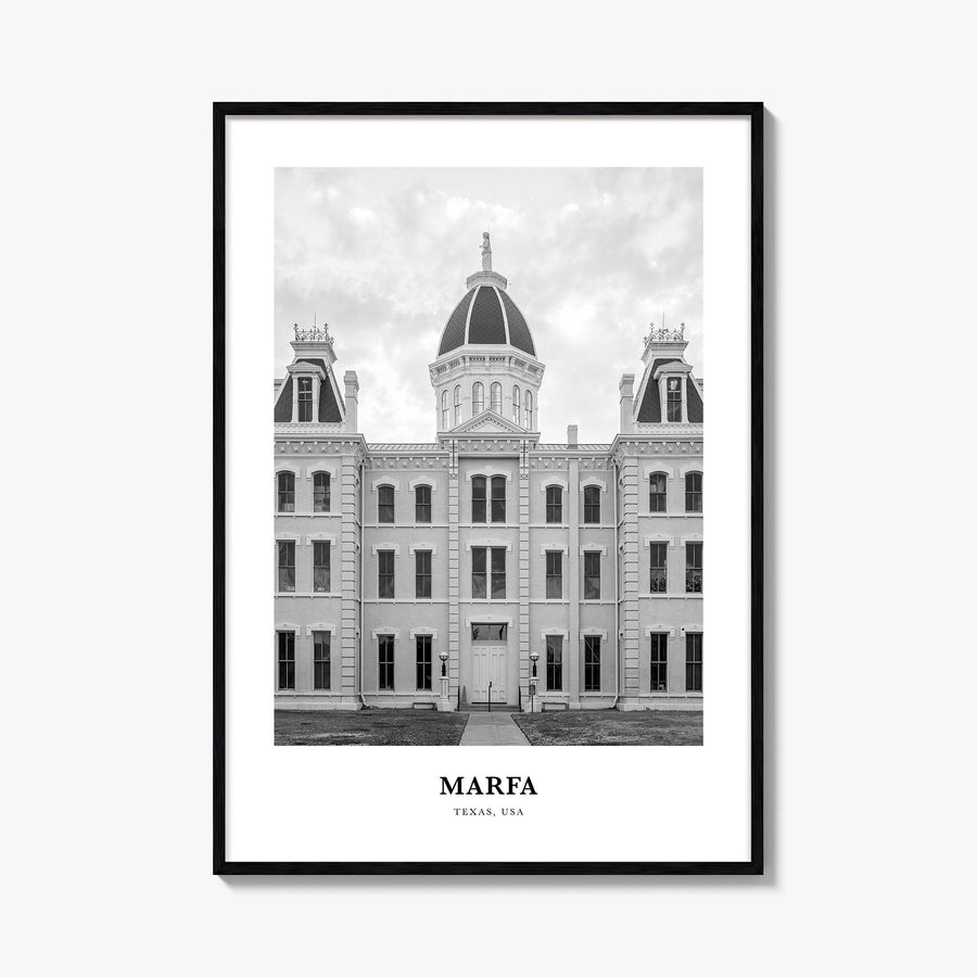 Marfa black & white classic poster of Texas, USA – vertical wall art, unframed print shown in interior mockup