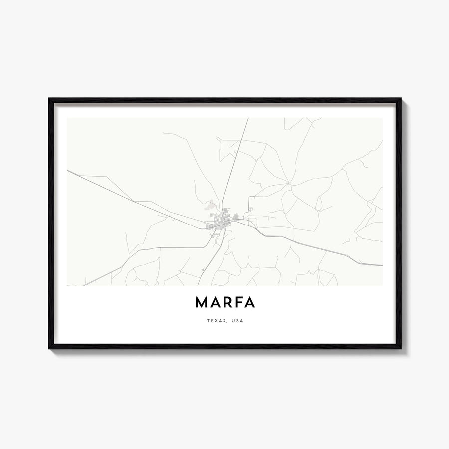 Marfa black & white map poster of Texas, USA – horizontal wall art, unframed print shown in interior mockup
