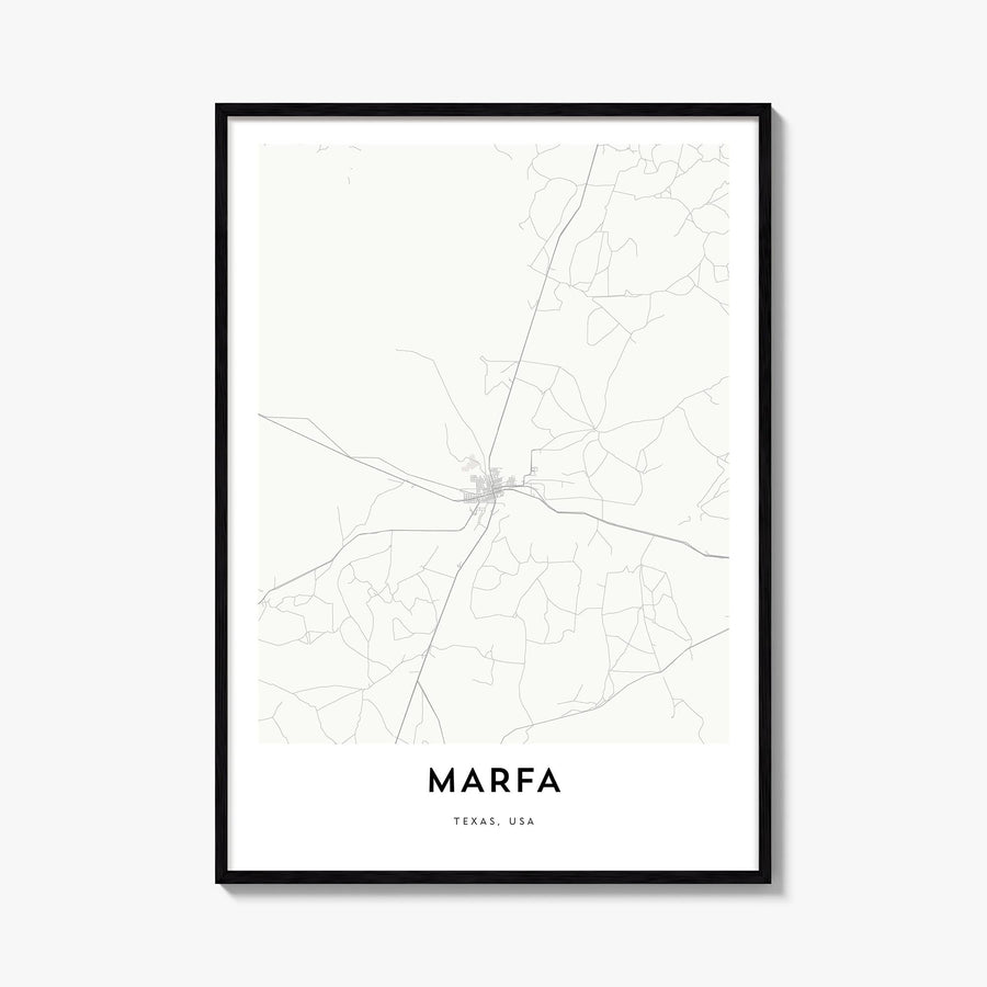 Marfa black & white map poster of Texas, USA – vertical wall art, unframed print shown in interior mockup