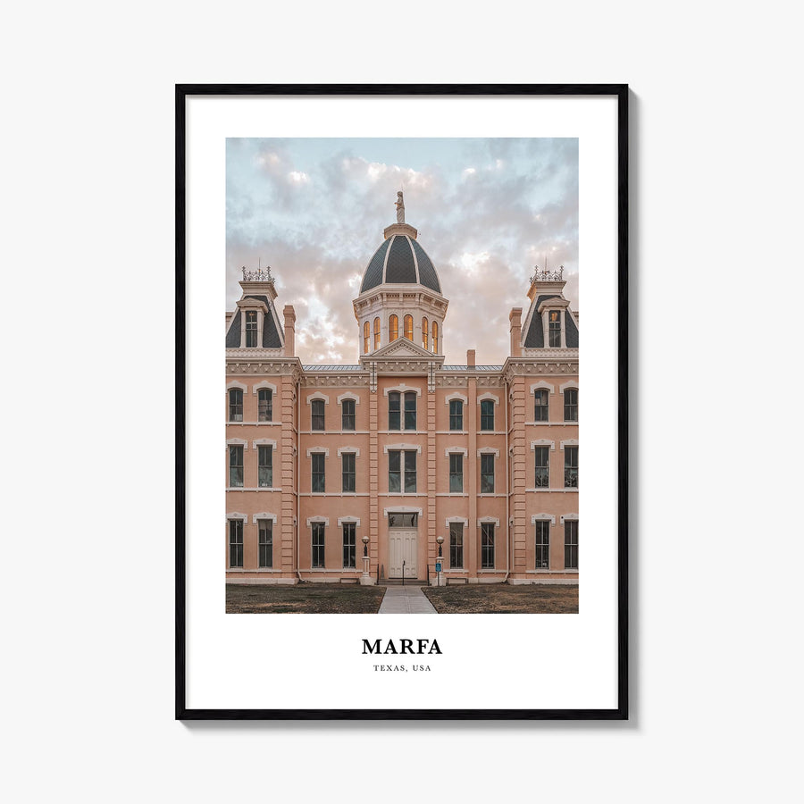 Marfa colorful classic poster of Texas, USA – vertical wall art, unframed print shown in interior mockup
