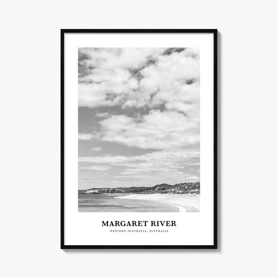 Margaret River black & white classic poster of Western Australia, Australia – vertical wall art, unframed print shown in inte