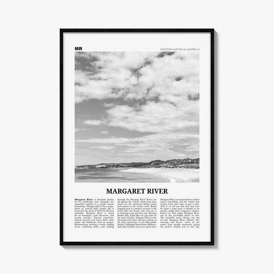 Margaret River black & white newspaper poster of Western Australia, Australia – vertical wall art, unframed print shown in in