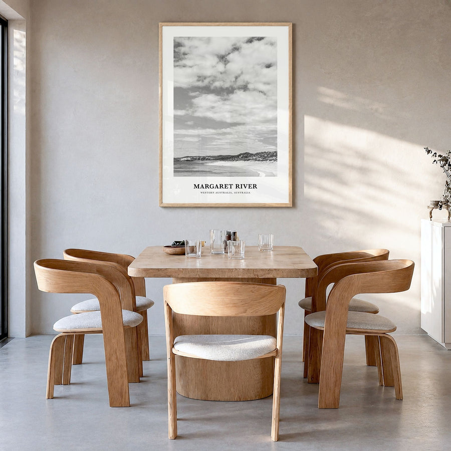 Margaret River Classic Poster in a natural wood frame, hanging in a dining room