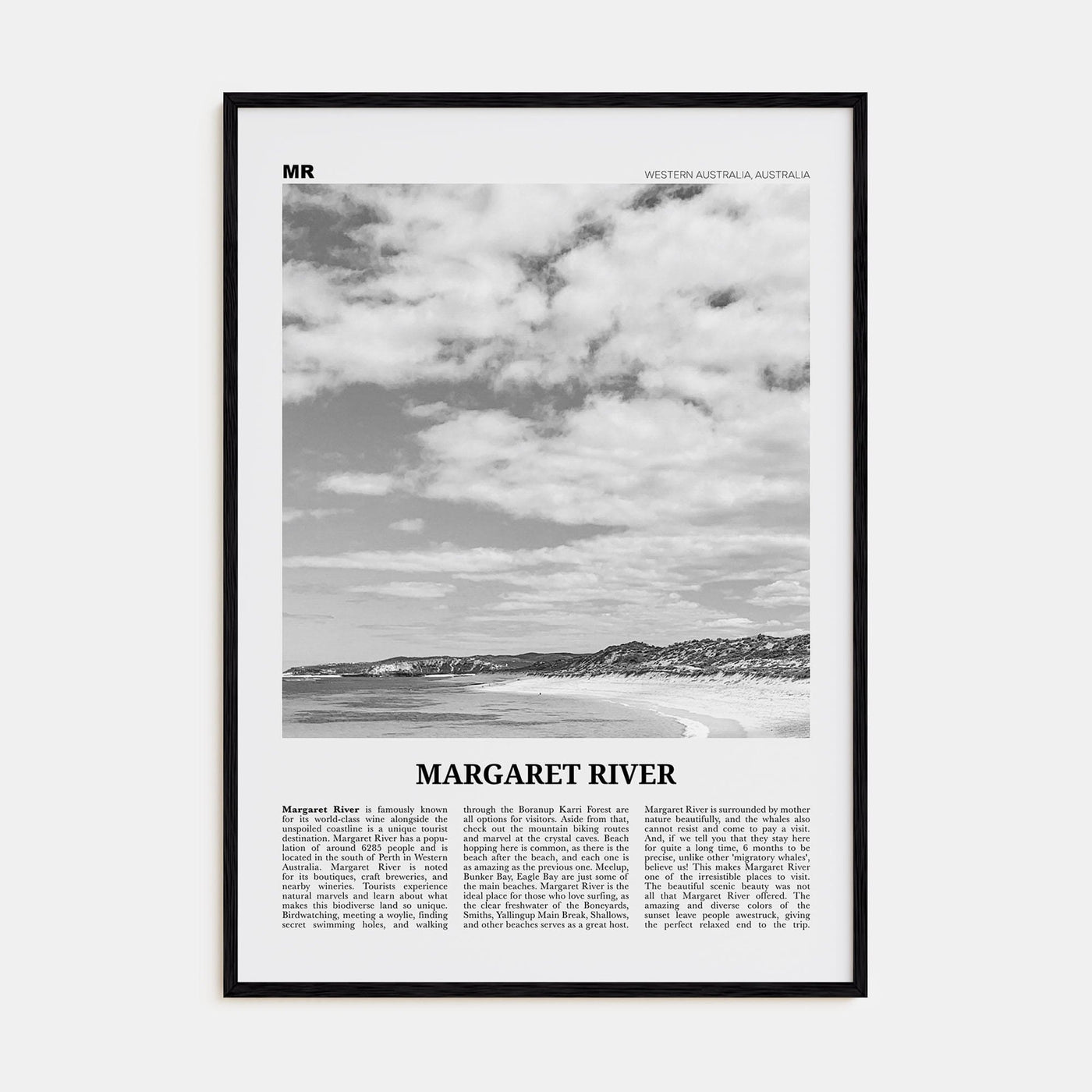 Margaret River Poster Black Wood / 8x12 in Nbourhood Travel B&W Poster