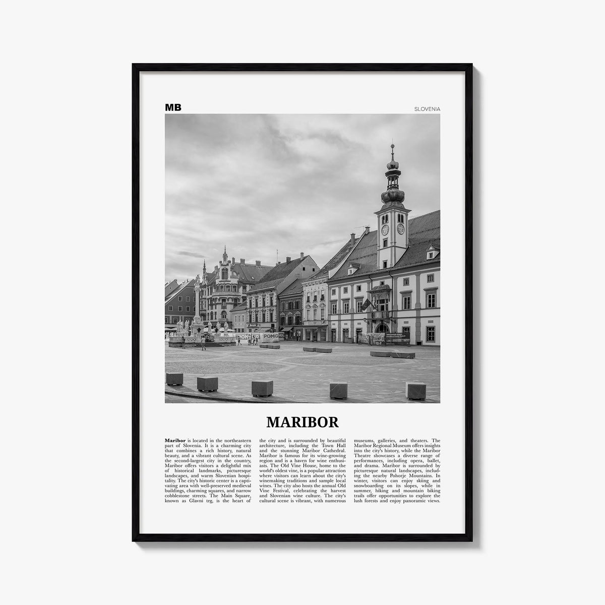 Maribor black & white newspaper poster of Slovenia – vertical wall art, unframed print shown in interior mockup