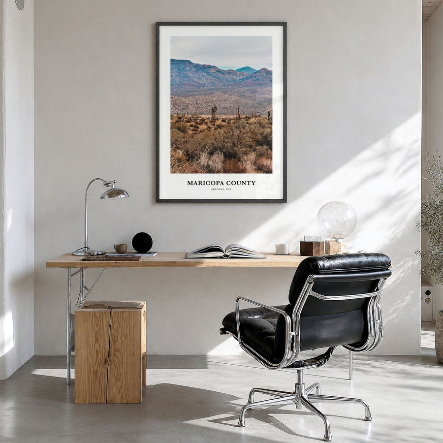 Maricopa County Classic Poster in a black wood frame, hanging in a bright home office