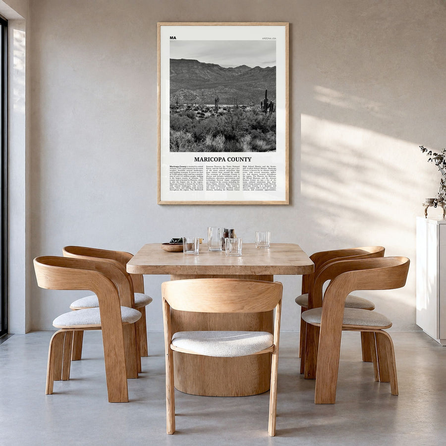 Maricopa County Newspaper Poster in a natural wood frame, hanging in a dining room