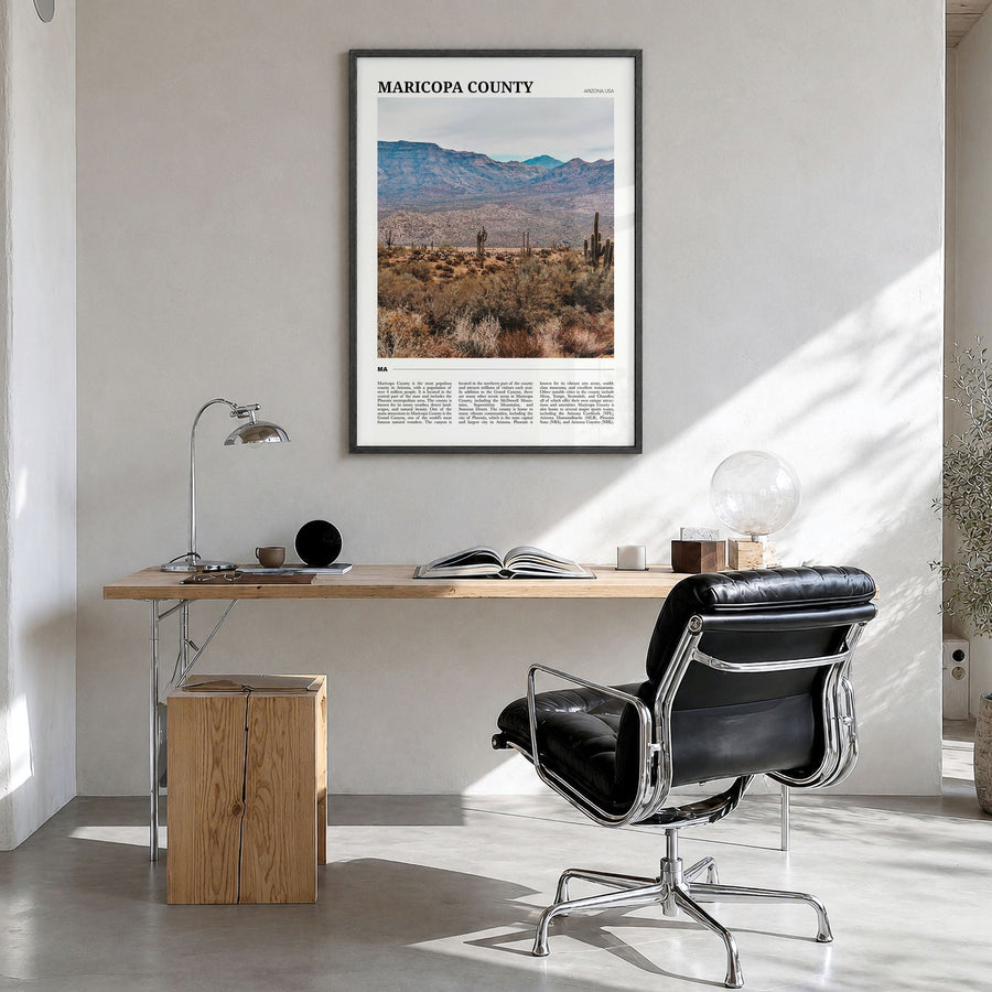 Maricopa County Travel Poster in a black wood frame, hanging in a bright home office