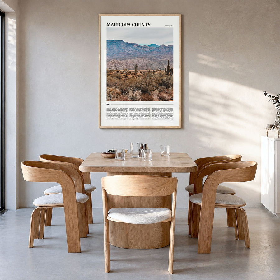 Maricopa County Travel Poster in a natural wood frame, hanging in a dining room