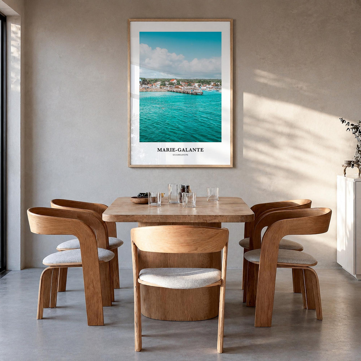 Marie-Galante colorful classic poster of France – vertical wall art in natural wood frame, hanging on wall