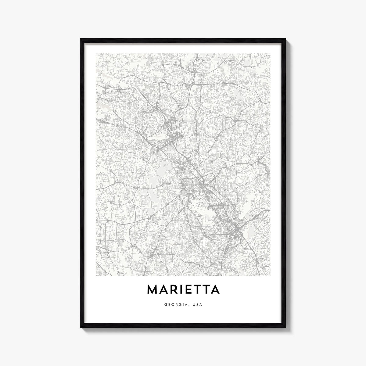 Marietta black & white map poster of Ohio, USA – vertical wall art, unframed print shown in interior mockup