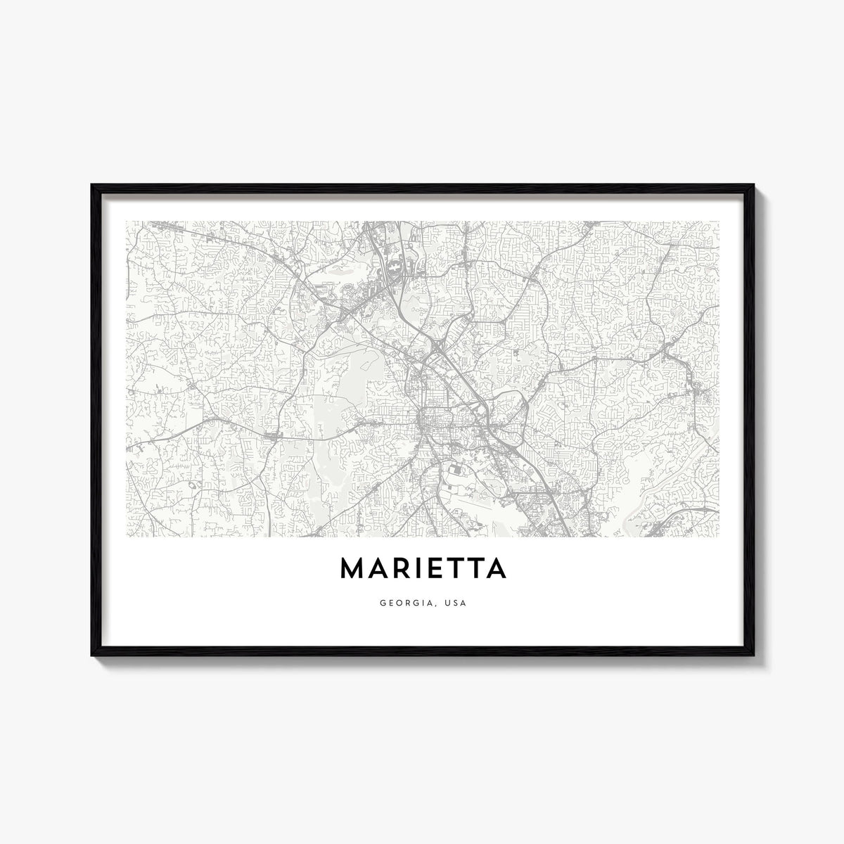 Marietta black & white map poster of Ohio, USA – horizontal wall art, unframed print shown in interior mockup