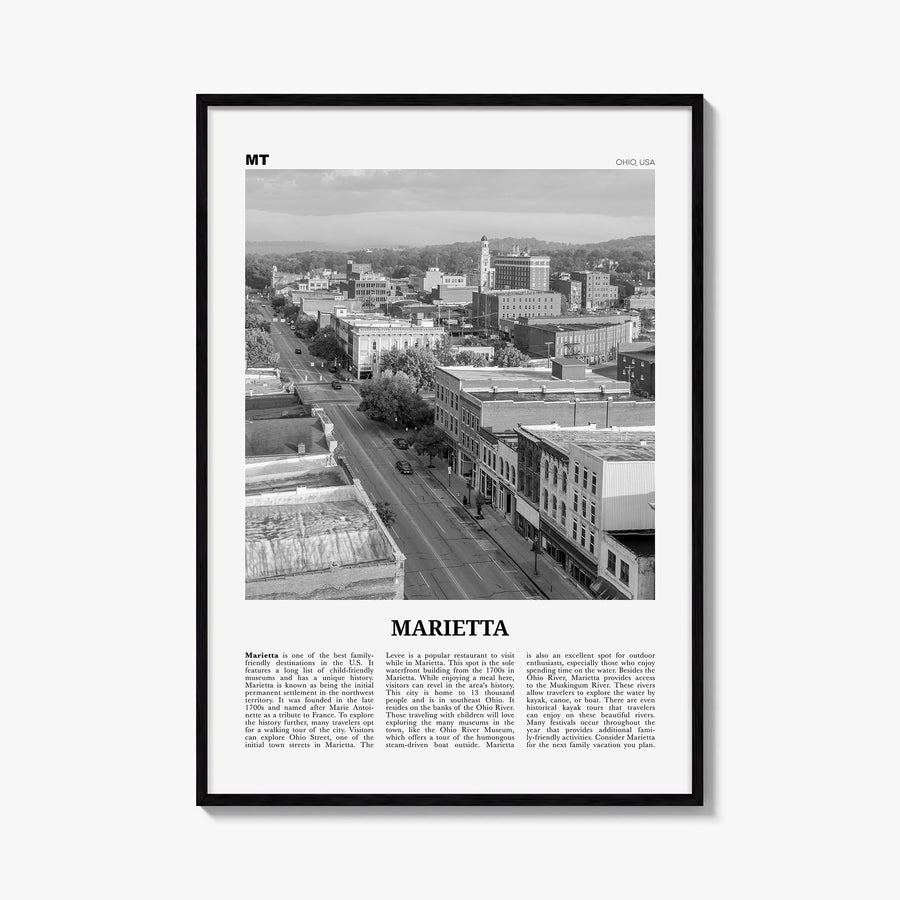 Marietta black & white newspaper poster of Ohio, USA – vertical wall art, unframed print shown in interior mockup