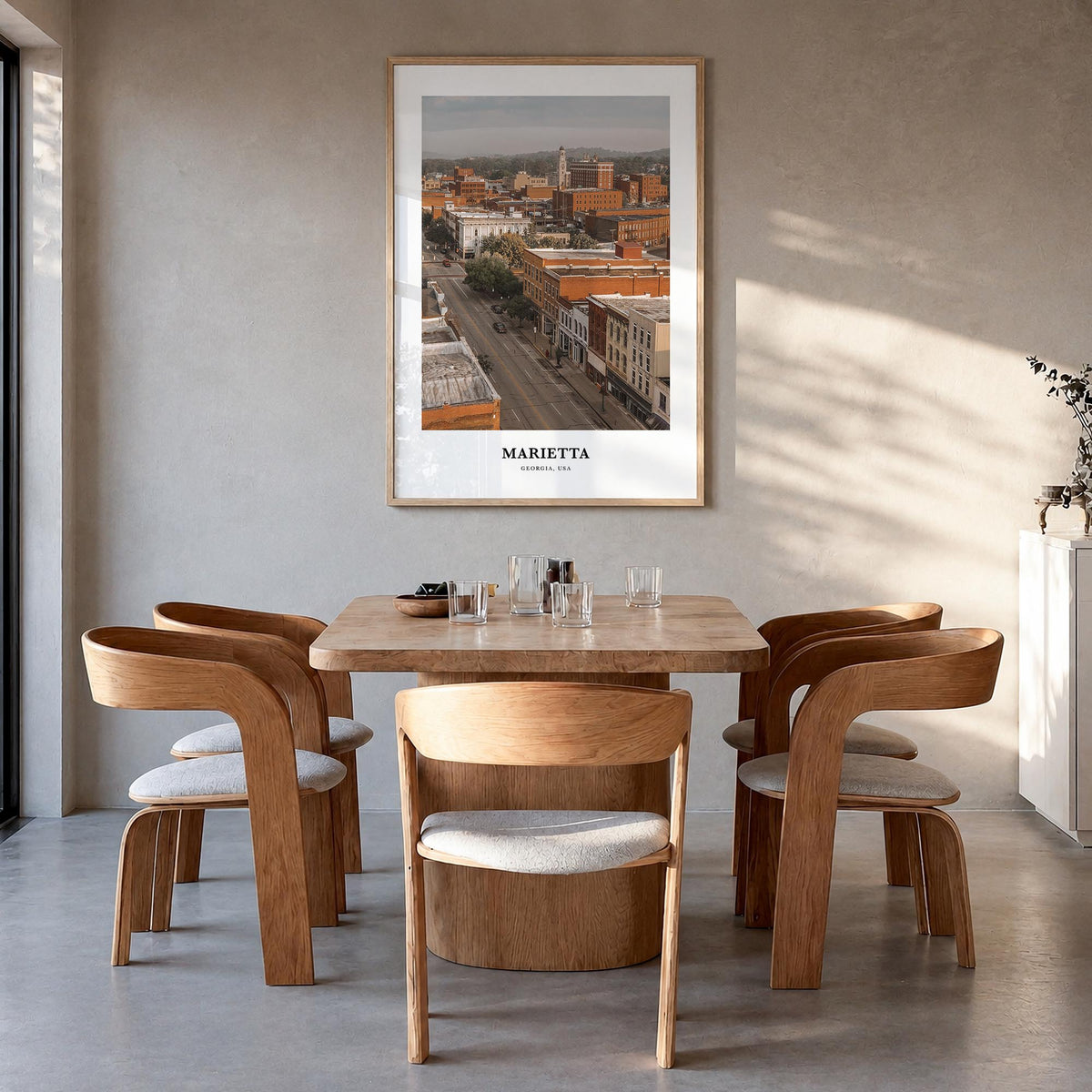 Marietta colorful classic poster of Ohio, USA – vertical wall art in natural wood frame, hanging on wall