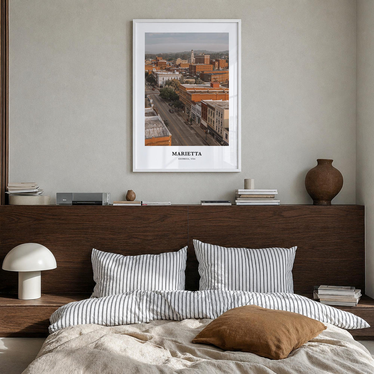 Marietta colorful classic poster of Ohio, USA – vertical wall art in white wood frame, hanging on wall