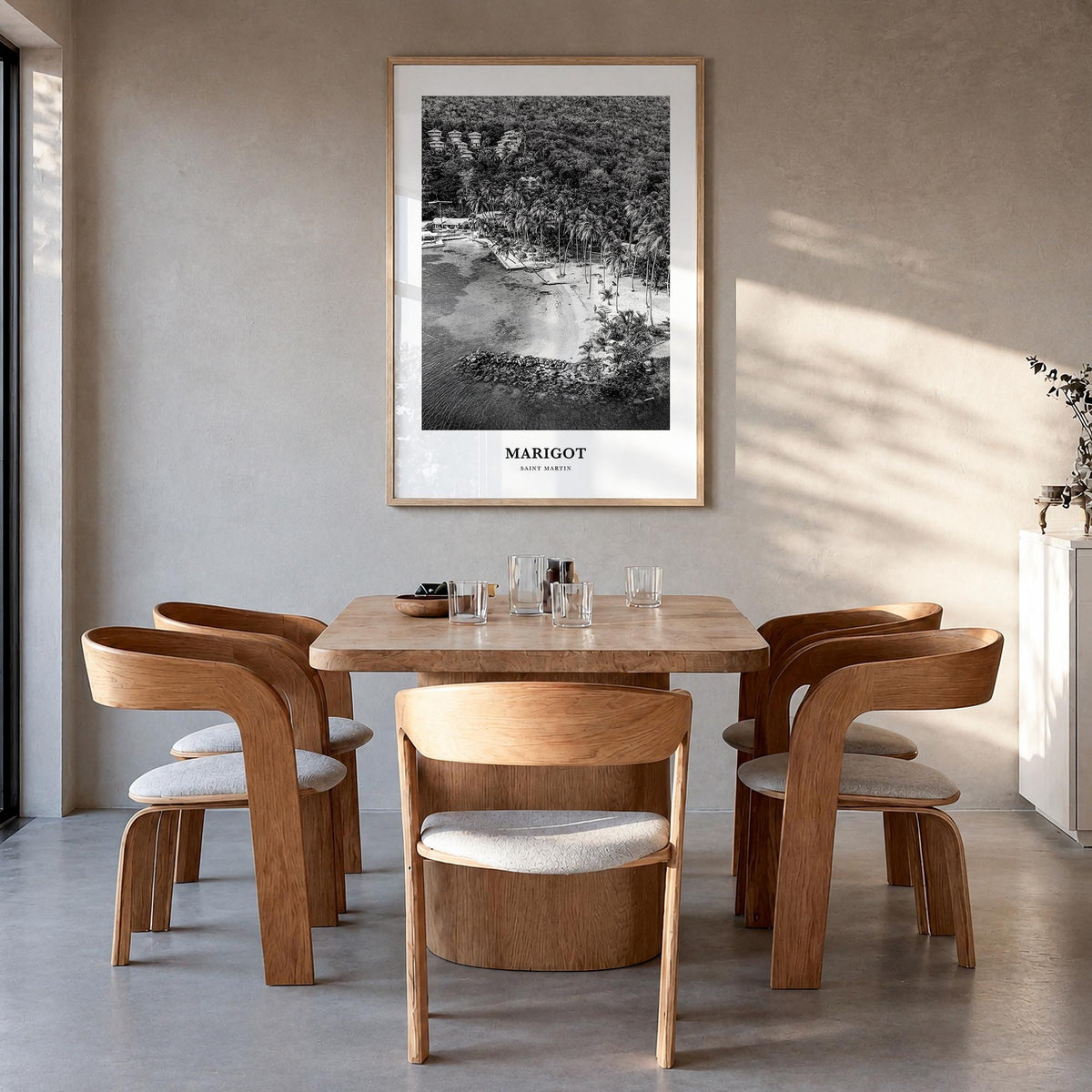 Marigot black & white classic poster of Saint Martin – vertical wall art in natural wood frame, hanging on wall