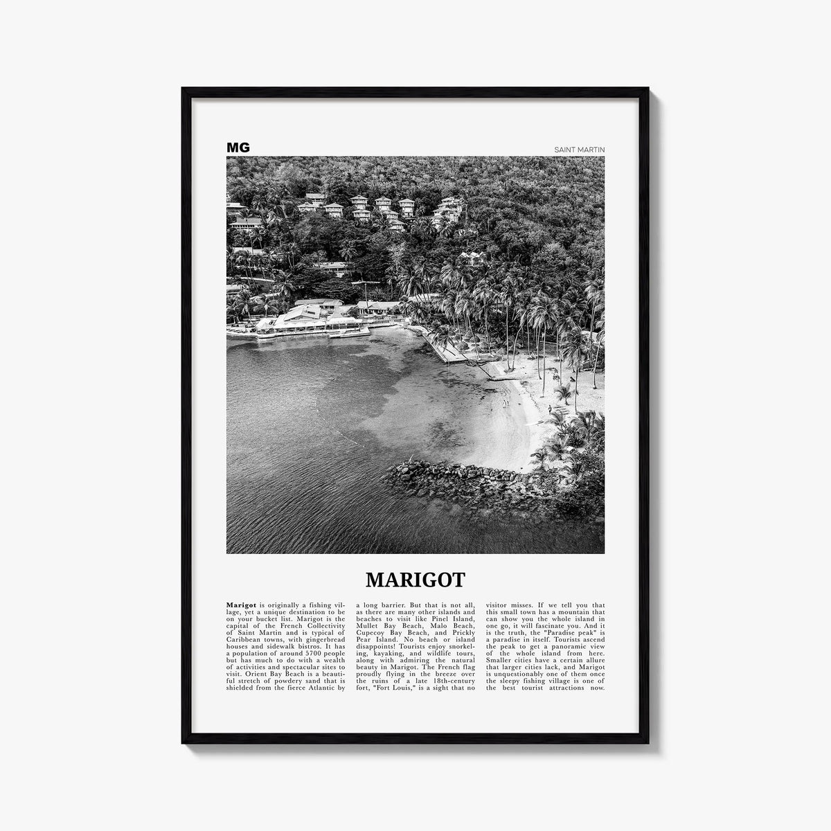 Marigot black & white newspaper poster of Saint Martin – vertical wall art, unframed print shown in interior mockup