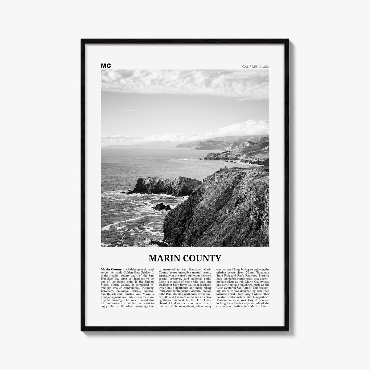 Marin County black & white newspaper poster of California, USA – vertical wall art, unframed print shown in interior mockup
