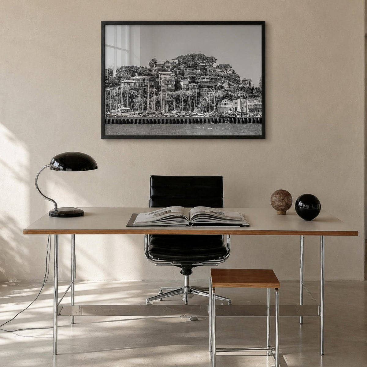 Marin County black & white photo poster of California, USA – horizontal wall art in black wood frame, hanging on wall